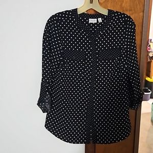 Kim Roger's black polka-dot top.  Petite medium flowy lightweight material